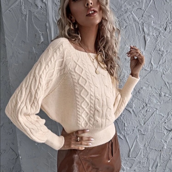 Solid Bishop Sleeve Cable Knit Sweater - Picture 3 of 5